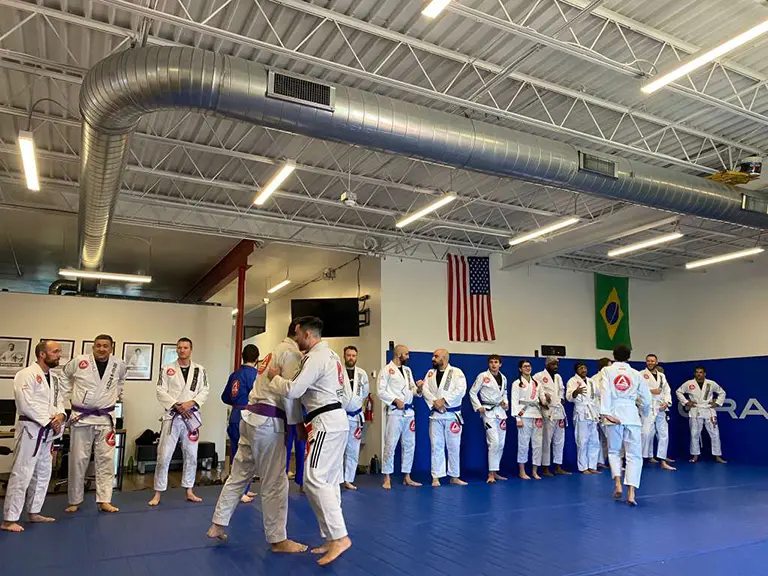 Students training Brazilian Jiu-Jitsu at Gracie Barra Denver